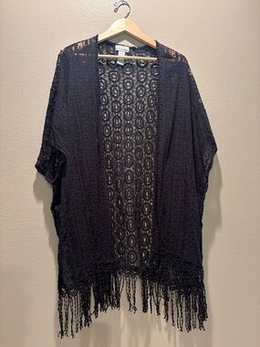 Catherines Black Crochet Lace Kimono Cardigan Fringe Plus 0X 1X Boho Layer
